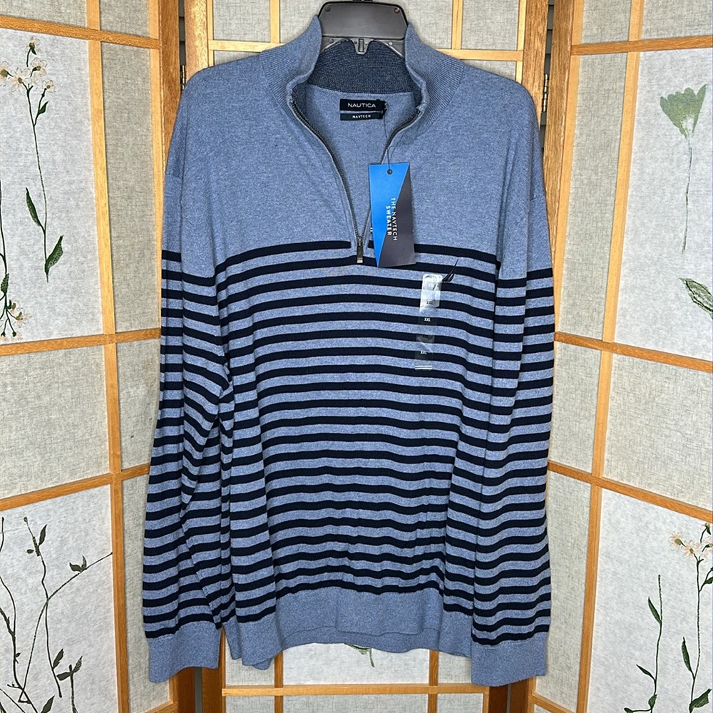 NWT Nautica Men's Pullover Long Sleeve 1/4 Zip Sweater, Heather Blue, XXL